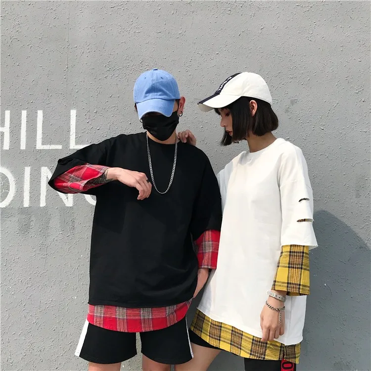 LAPPSTER летняя желтая клетчатая уличная футболка поддельные две части Harajuku Лоскутные футболки мужские Забавные футболки с длинным рукавом
