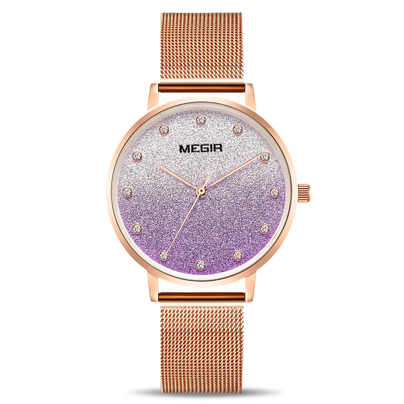 Rose purple Zegarek Damski, новинка, MEGIR, мерцающий большой циферблат, женские часы, розовое золото, женские часы,, Reloj Mujer Montre Femme Saat - Цвет: Rose purple