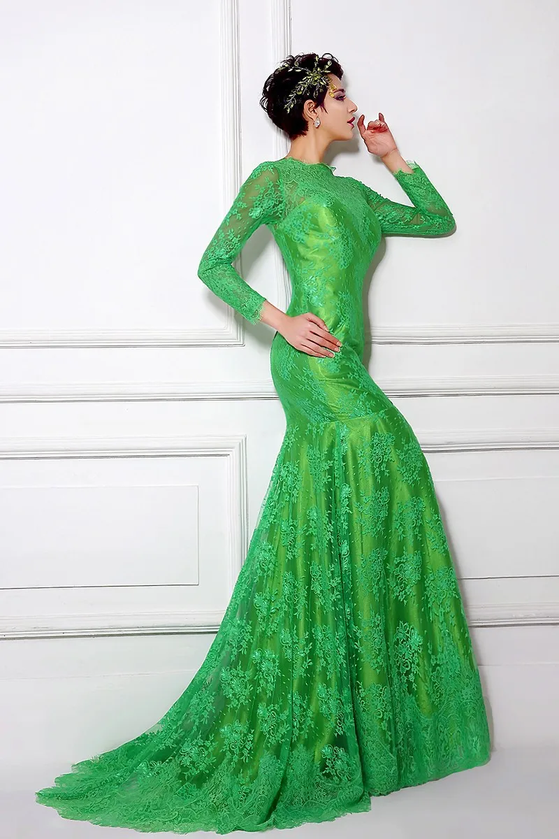 Недорогое высококачественное зеленое кружевное вечернее платье-Русалка с