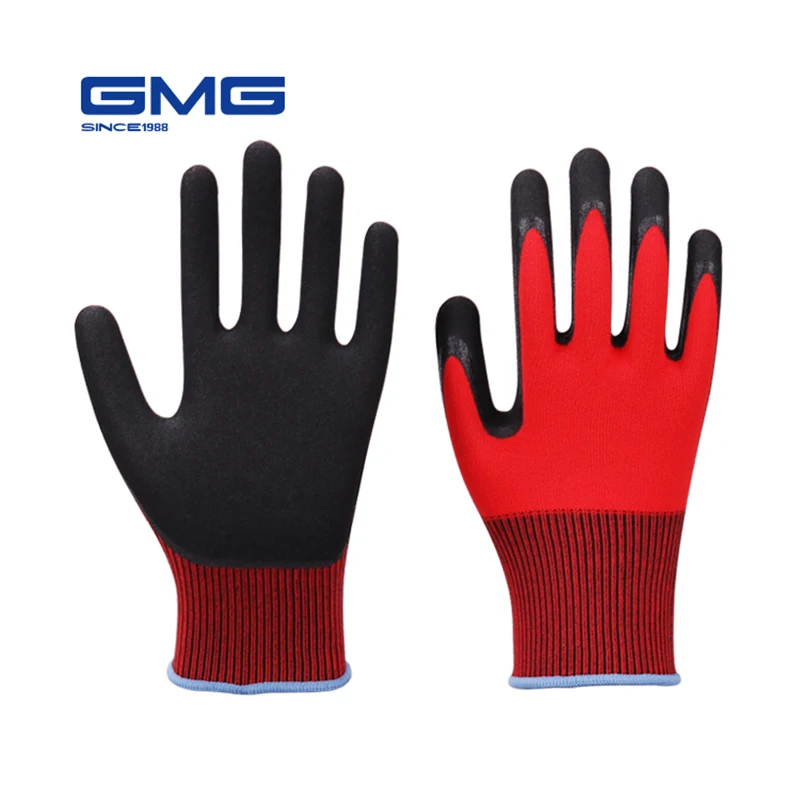 

Security Work GMG Red Nylon Spandex Shell Black Nitrile Sandy Coating Safety Work Gloves Mechanic Glove