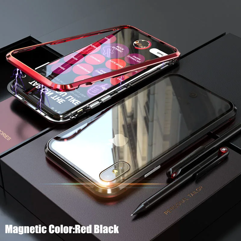 Red Black Магнитное закаленное стекло чехол для iPhone X 7 8 Plus 360 Полный Край Защитный металлический бампер+ прозрачная стеклянная задняя крышка чехол - Цвет: Red Black