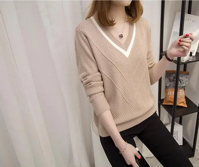 Rlyaeiz Fashion V-neck Hollow Knitted Sweater Women Long Sleeve Loose Pullover Female Casual jumper 2018 Spring Autumn New | Женская