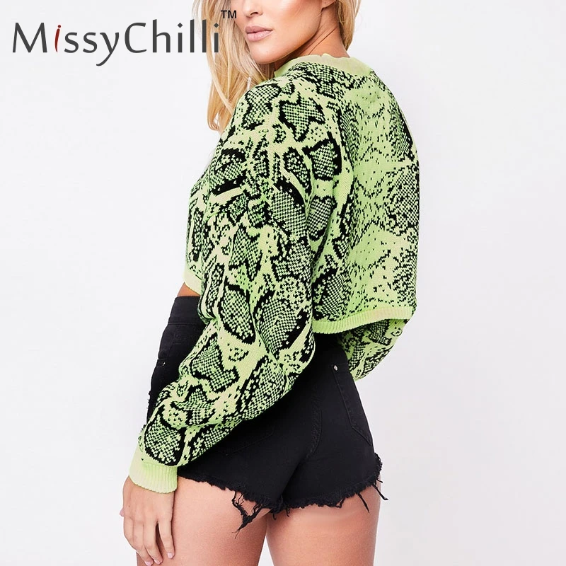 Женский вязаный свитер MissyChilli зеленый короткий пуловер со змеиным узором