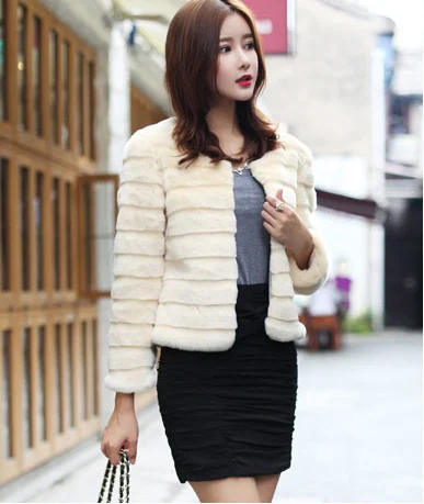 Женское пальто с искусственным кроличьим мехом короткая шуба из норки