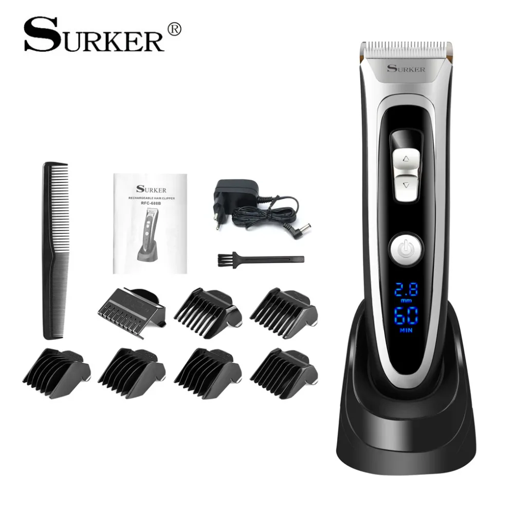 SURKER Профессиональный Перезаряжаемые машинка для стрижки волос аккумуляторная машинка для стрижки волос с светодиодный Дисплей для стрижки волос набор Керамика лезвия для бритья RFC-688B