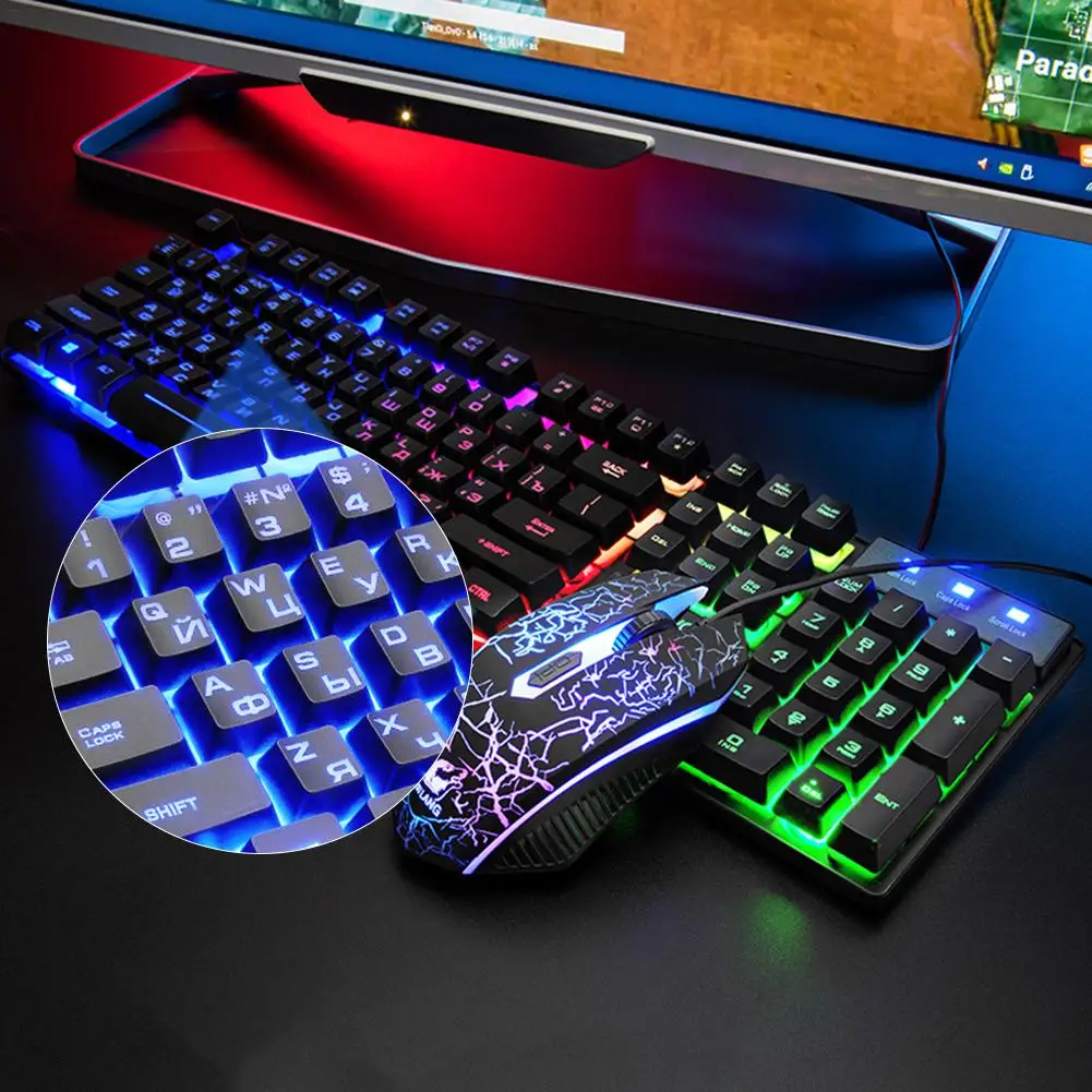 T5 английская+ русская игровая клавиатура и мышь комбинированная подсветка Водонепроницаемая светящаяся USB Проводная Механическая геймерская клавиатура+ коврик для мыши