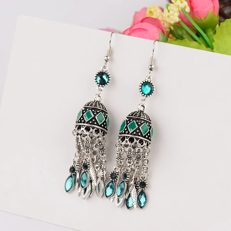 DOUVEI винтажные Синие стразы Jhumka серьги для женщин богемные бисерные кисточкой сережки oorbellen Египетский Цыганский Таиланд HXE088