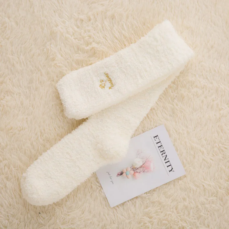 beige Коралловые флисовые длинные женские носки выше колена, зимние теплые носки для дома Harajuku, носки выше колена, Chaussettes Mi Bas Femmes - Цвет: beige