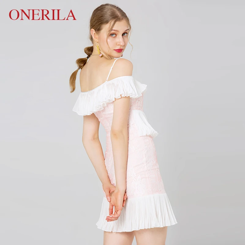 ONERILA Cold Shoulder V шеи Спагетти ремень розовый кружевном платье Тонкий Для женщин