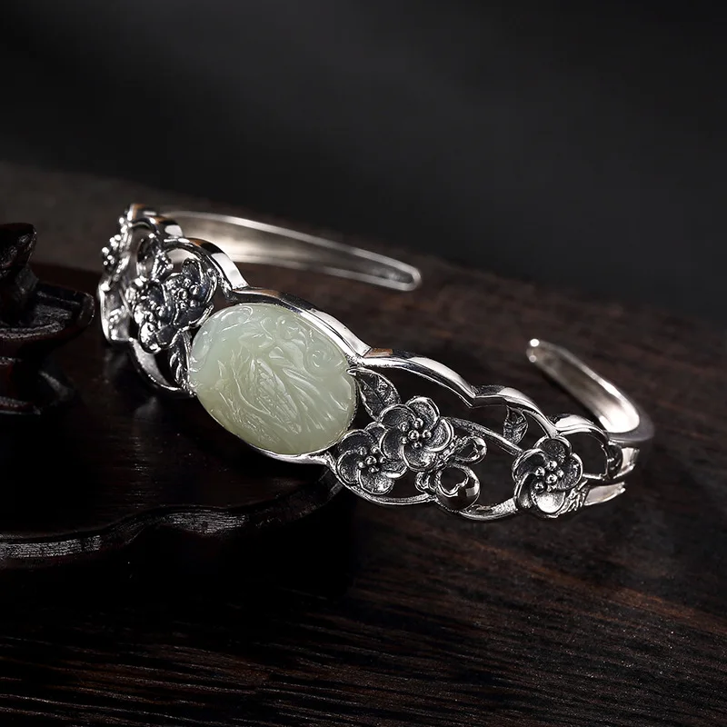 

Silver Ways Is Thai Silver Inlaid Hetian Jade White Jade Phoenix Plum Flower Lady Bracelet Wholesale
