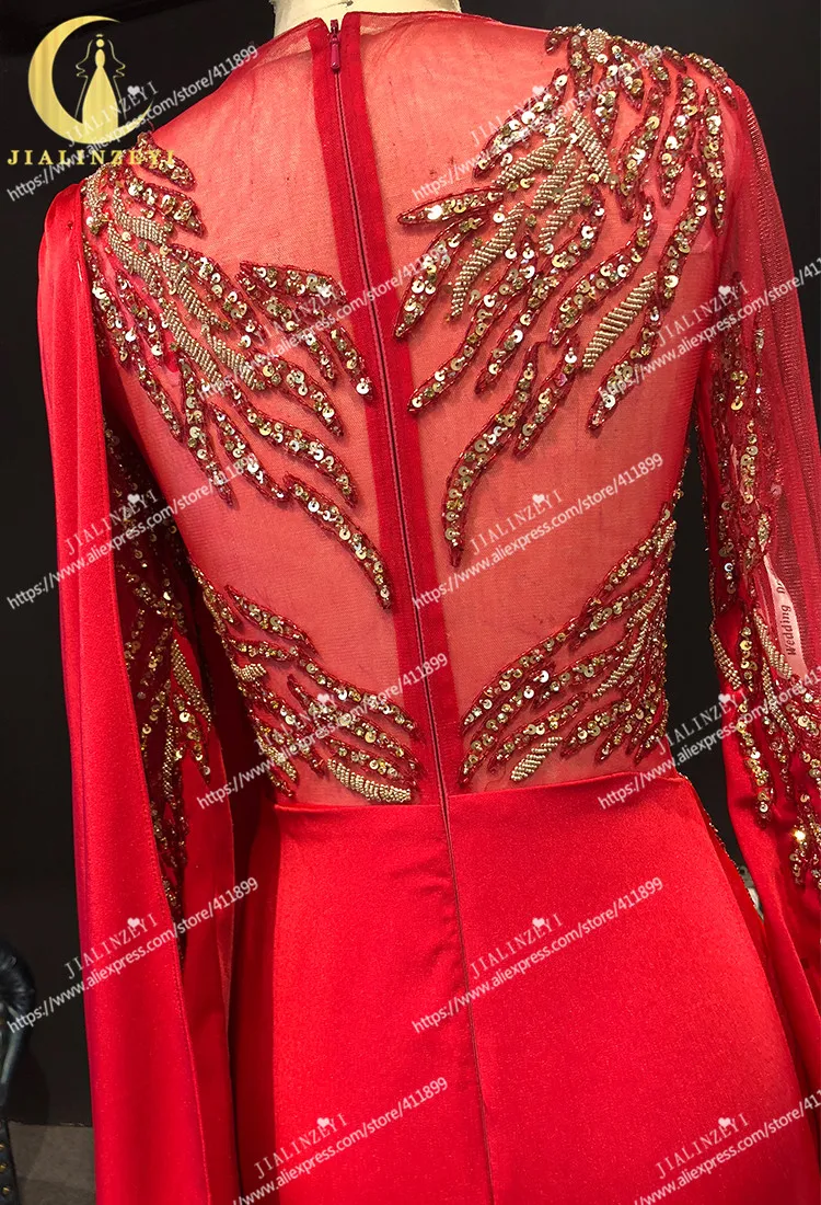 JIALINZEYI реальное изображение Длинные рукава красный атлас с золотыми бусинами вечерние платья