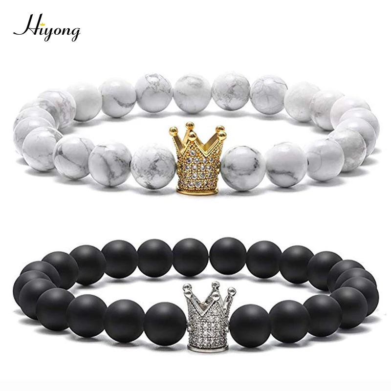 HIYONG 8 мм черный матовый белый Howlite Парные браслеты CZ Корона Король Королева натуральный камень Бусины Браслеты Шарм расстояние браслет - Окраска металла: Couple Set