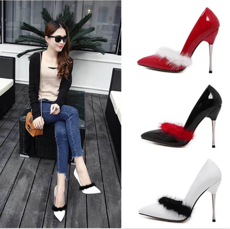Zapatos Mujer Tacon Весной Основной Пу 2017 Новый Роскошный Настоящие Волосы Наконечник