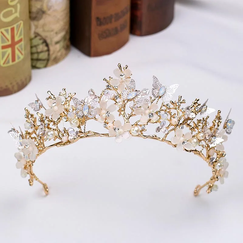 

Luxury Butterfly Flower Bridals Tiaras Crowns Baroque Gold Color Bride Hairbands Wedding Headpiece Hair accessories Jewelry SL