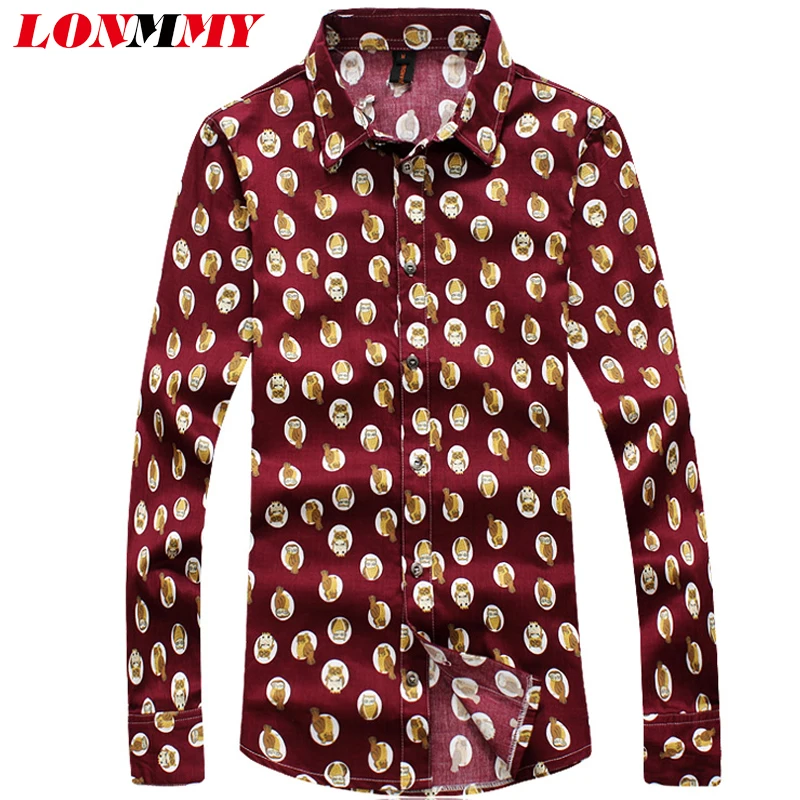 LONMMY 4XL 5XL Повседневное мужские рубашки мода с длинным рукавом птица шаблон slim fit