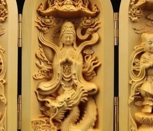 Редкая китайская ручная работа резной Boxwood длинная KWAN YIN шкатулка с амулетом