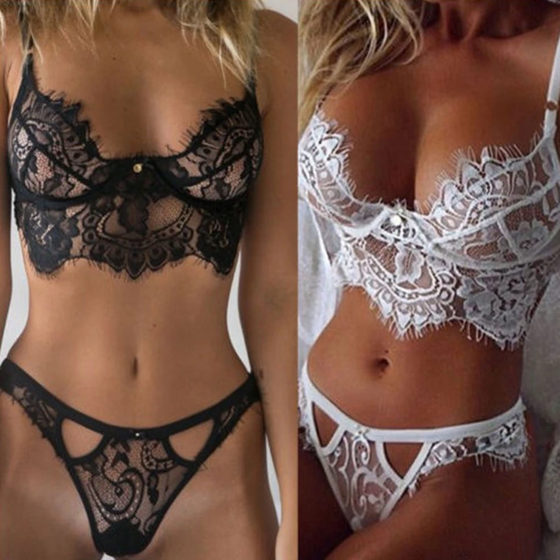 Женское сексуальное нижнее белье Babydoll, прозрачный бюстгальтер из кружева с ресничками, комплект нижнего белья с вырезом, однотонный