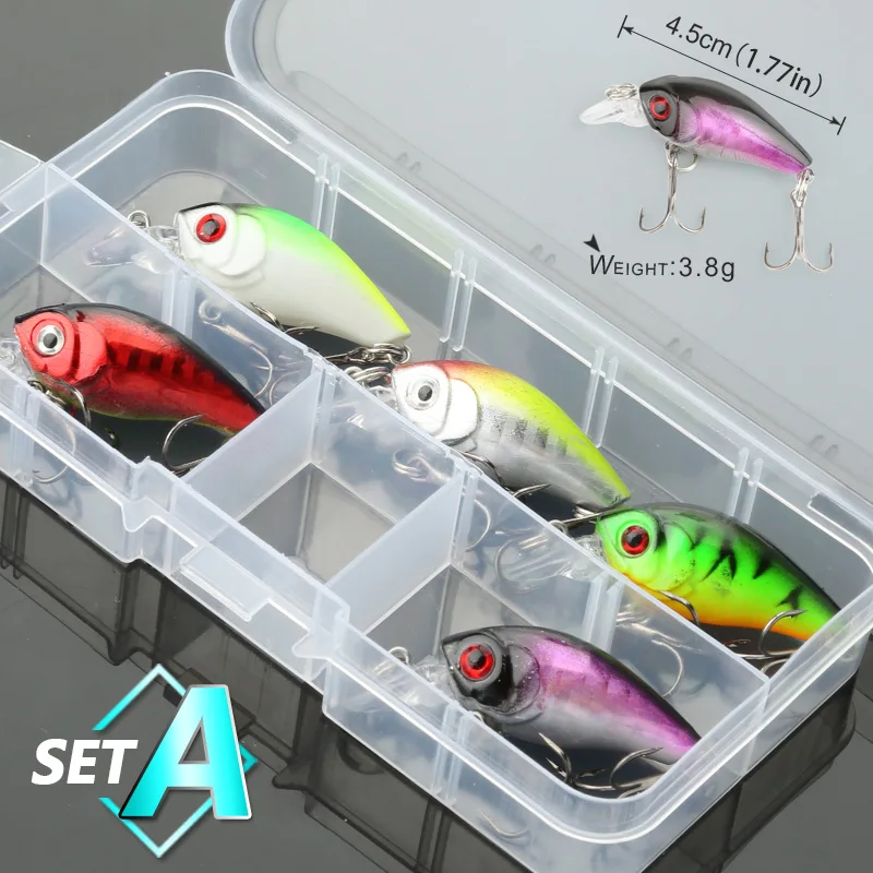 SetA 5pcs 3.8g 4.5cm DONQL 5/8/10 шт Разноцветные Minnow приманки комплект, приманка для рыбалки, набор для рыбалки со воблер крэнкбейты с коробкой тройные Крючки рыболовные снасти, твердая приманка - Цвет: SetA 5pcs 3.8g 4.5cm
