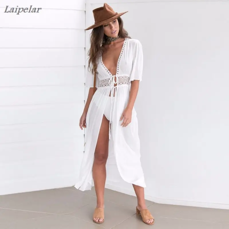 

Летняя женская шифоновая блузка, белое однотонное кимоно, пляжный кардиган на шнуровке, топы, накидка, Солнцезащитная рубашка, Длинная блуз...