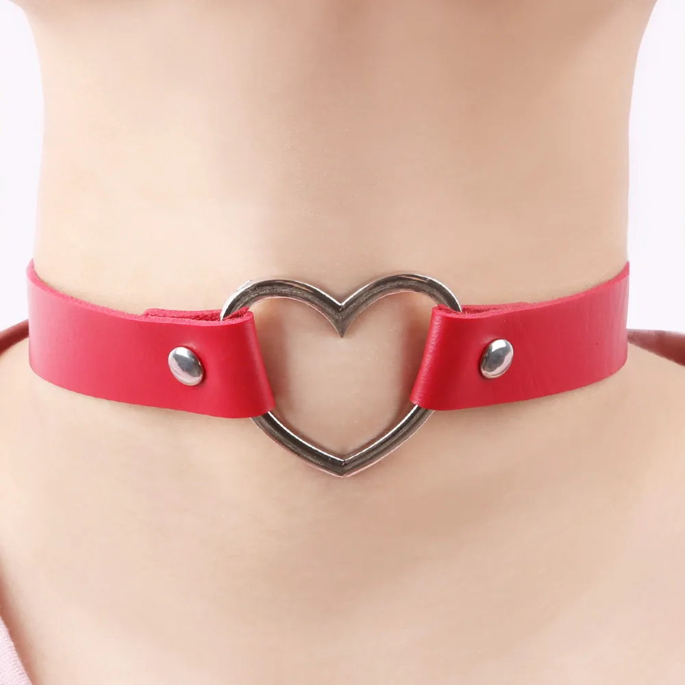 Трендовое сексуальное панк готическое кожаное колье с сердечками и шипами