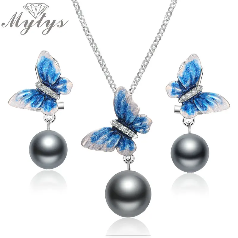 Ожерелье с подвеской и серьги Mytys набор для женщин ручной работы искусство синяя