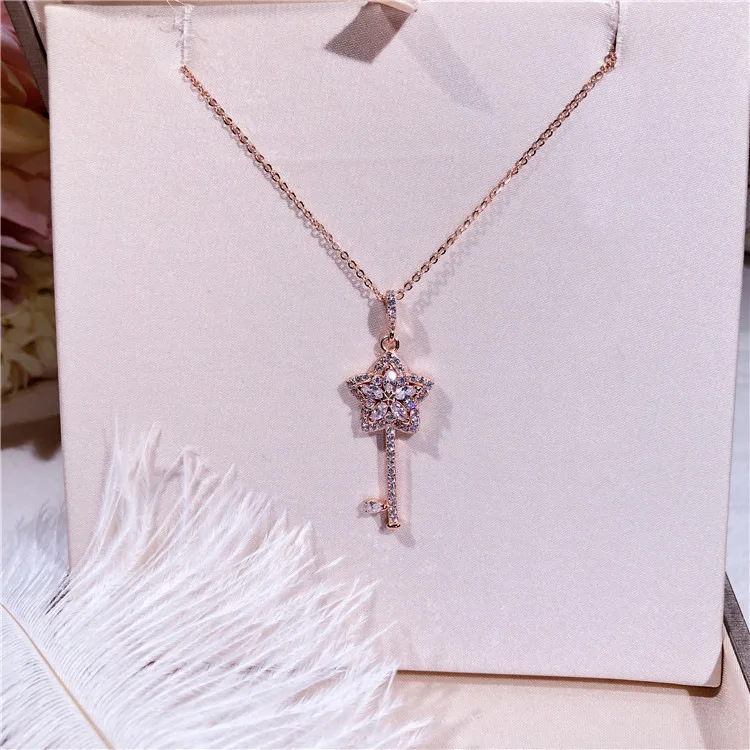 

Shiny AAAAA Quality Floral Zircon Key Pendant Pure 925 Sterling Silver Chain Necklace Fashion Women Collar Necklace