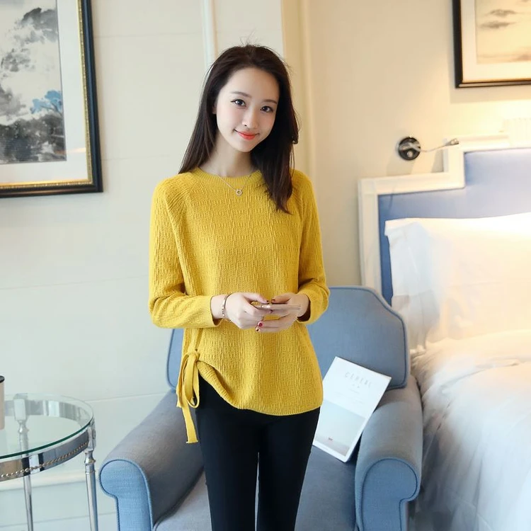 

Spring Autumn Fashion Elegant Sweaters Women Sweet Loose Solid Color O Neck Hole Lace Up Knitwear Female All Match Basic Sweater