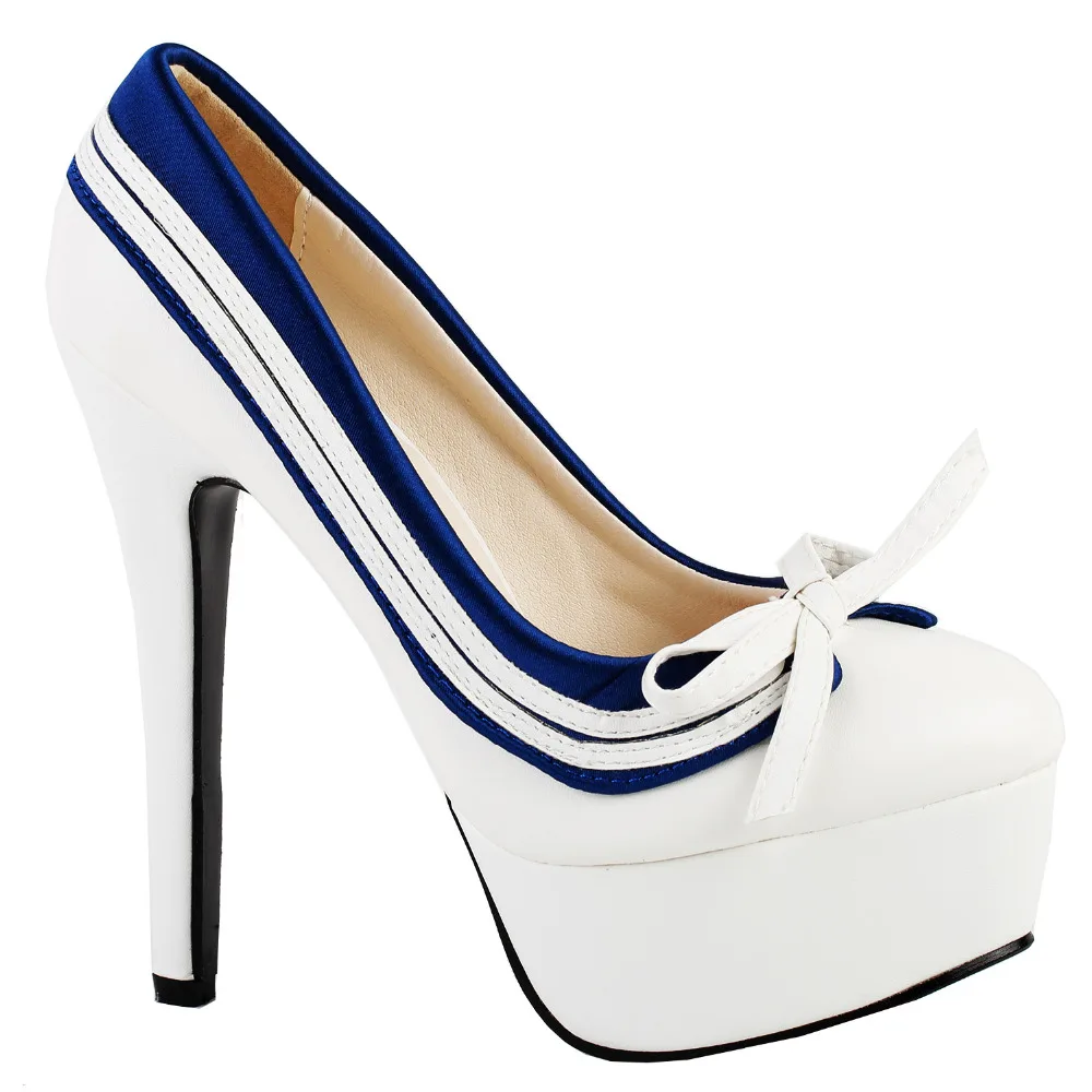 

LF80851 Retro White Blue Bow Navy Style Platform Stiletto Heel Pumps Size 4/5/6/7/8/9/10