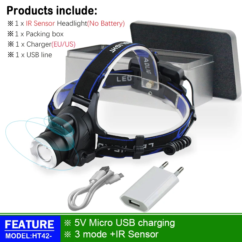 headlamp H-BOX Usb Рыбалка перезаряжаемые ИК Сенсор фары led головной светильник 18650 xml t6 l2 фара головки вспышки света светильник Головной фонарь для охоты, светильник - Испускаемый цвет: headlamp H-BOX