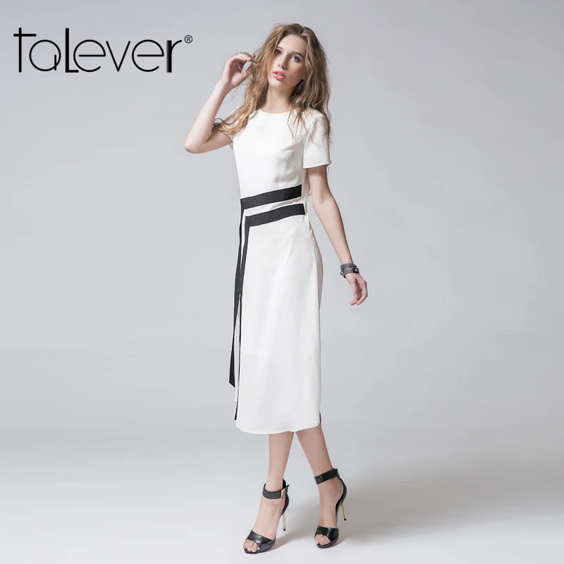 Лето 2017 г. платье Женщины О образным вырезом короткий рукав элегантный разрез