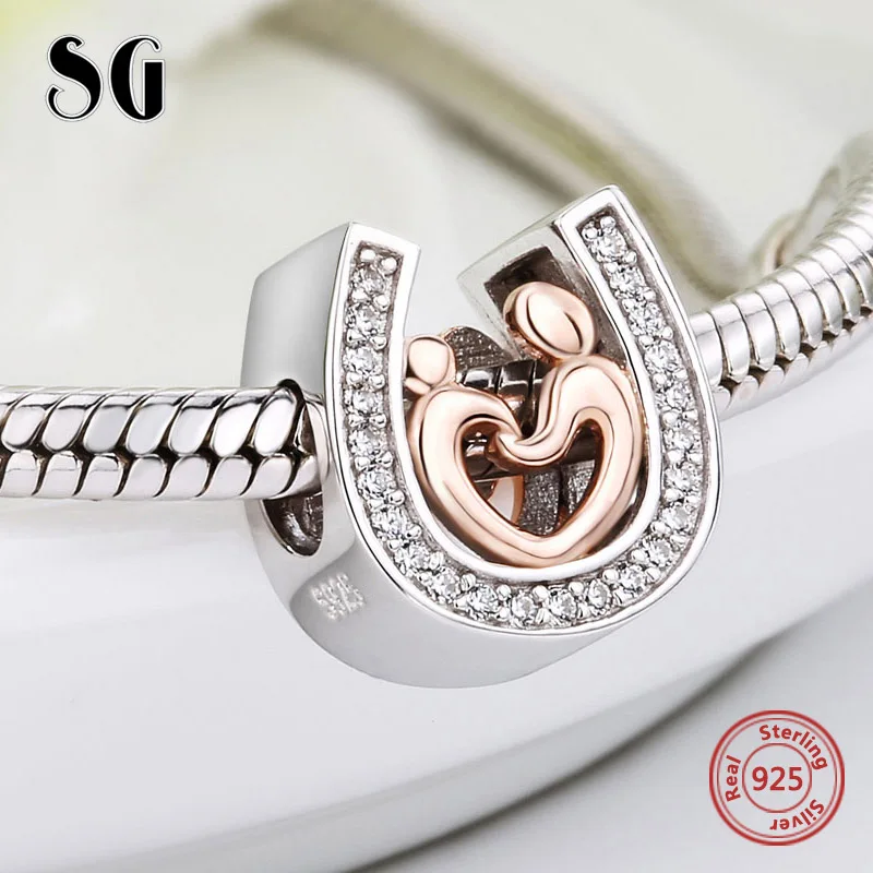SG 925 Серебро DIY подковы Подвески мама и ребенок руки в бусины ручной работы с CZ подходят pandora Браслет Модные Ювелирные изделия Подарки