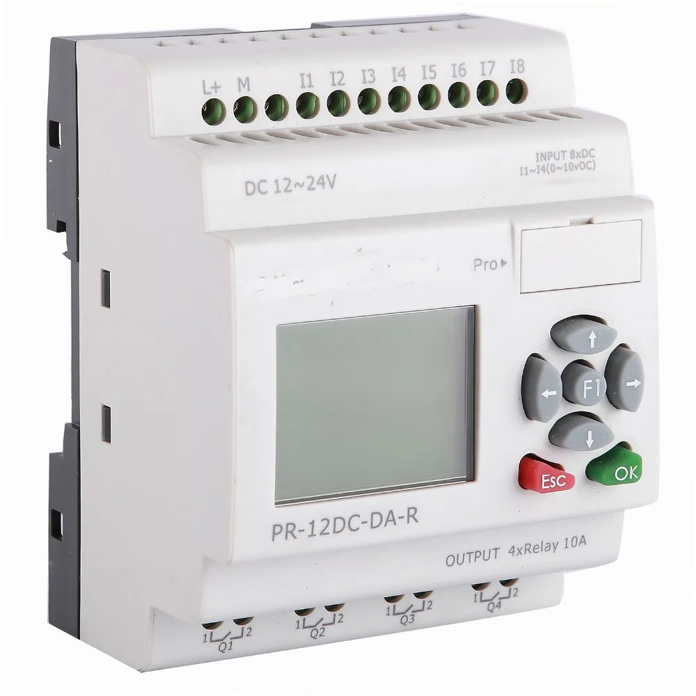 

PR-12DC-DA-R with LCD, without cable ,DC12V-DC24V,4 DI/AI(0...10V)+4 DI,4 relays(10A) output,smart relay,Micro PLC controller