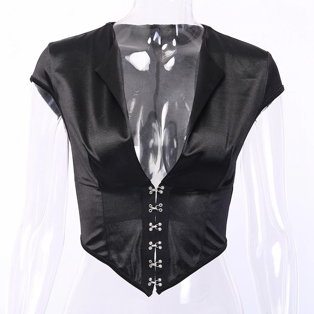 Ladies Retro Cropped Top Tunic Vintage Women Short Sleeve Hook Mini Blouse 2019 Summer Fashion Deep V Neck Black Shirts | Женская одежда