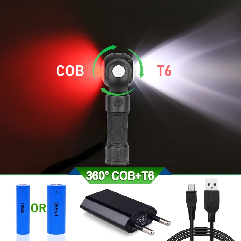 

rechargeble flashlight red white 360 degree xml t6 torch flashlight with magnet usb working spotlight lantern 18650 or 26650