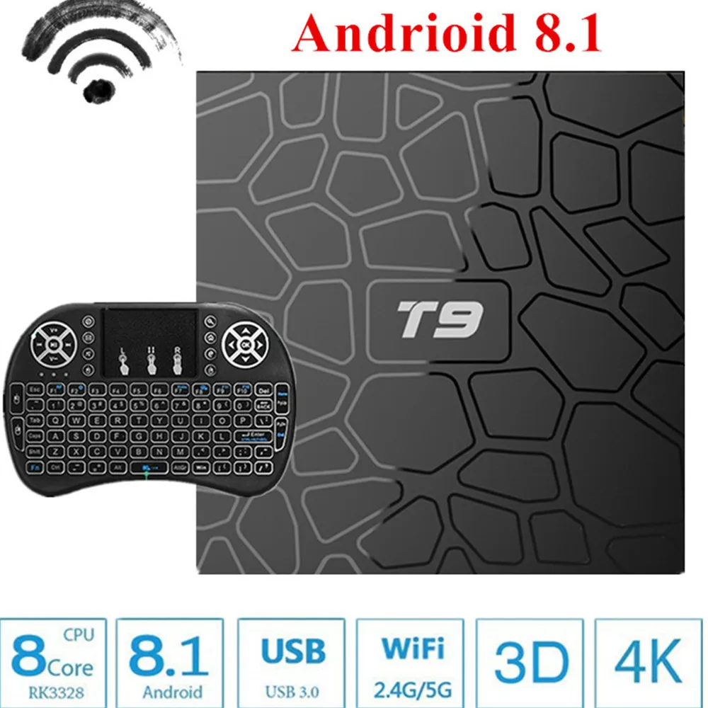 2018 T9 ТВ приставка Android 8 1 шт. 4 Гб оперативной памяти 32 встроенной 64 ГБ Смарт с двумя