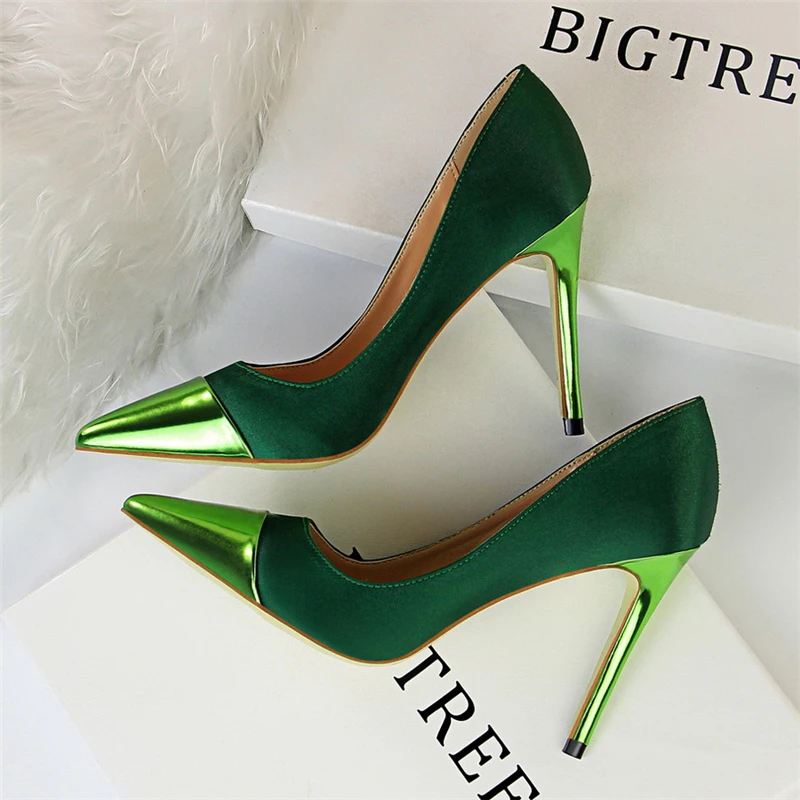 Женские атласные туфли лодочки Tacones на высоком каблуке 10 см синие и зеленые День