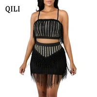 qili women 2 piece set dress sequin tassel elegant lady spaghetti strap mini dresses new 2019 women sequined dress black