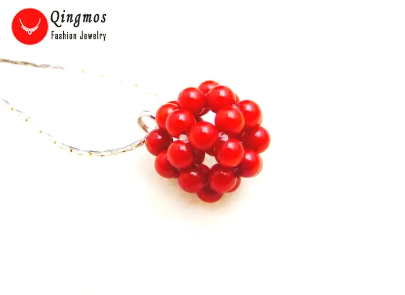 Qingmos Red Natural Coral Handwork Weaving 18-20mm Round Ball Pendant &amp Necklace for Women Silver Plated Chain Chokers 17'' |