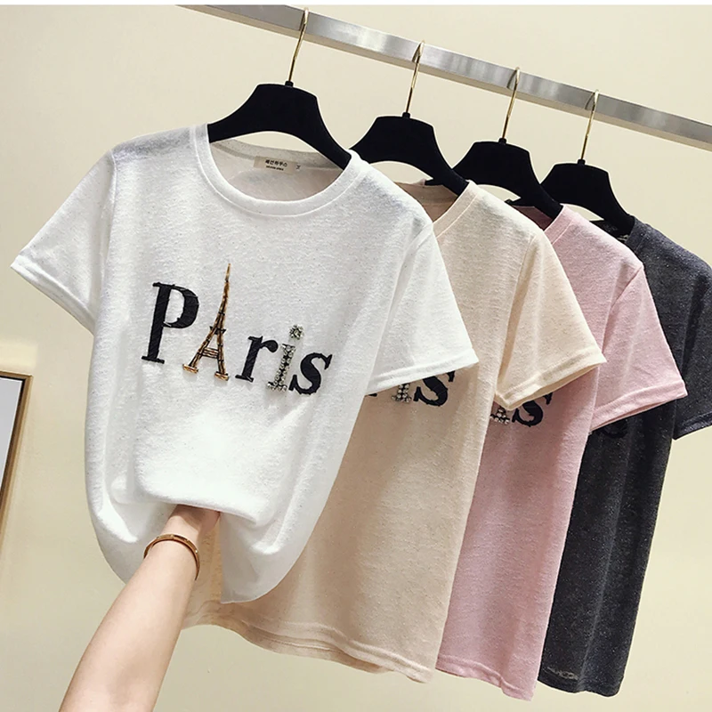 Chemise femme бриллиантами футболки женские 2019 летнее платье в Корейском стиле