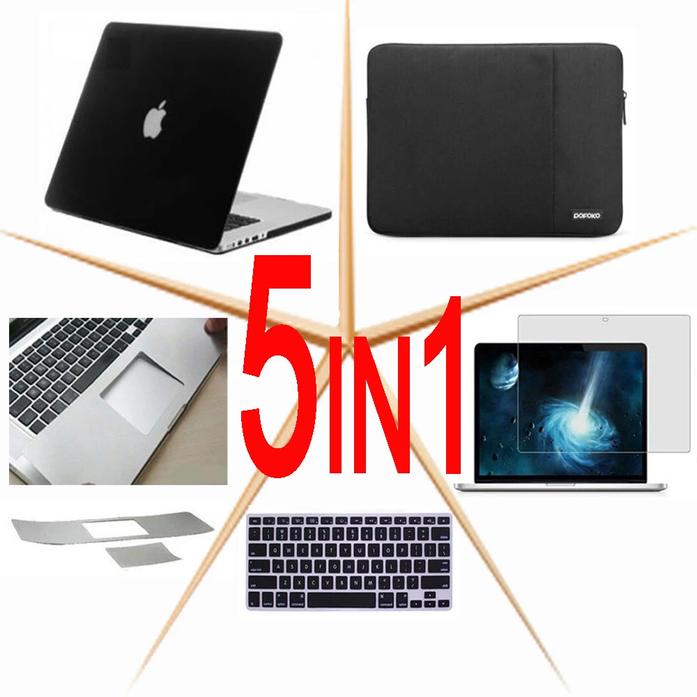Для Macbook Pro 13 15 Air 11 13 retina 12 Touch Bar 13 15 дюймов Сумка для ноутбука жесткий чехол+ сумка на рукав+ чехол для клавиатуры+ защита экрана - Цвет: Black