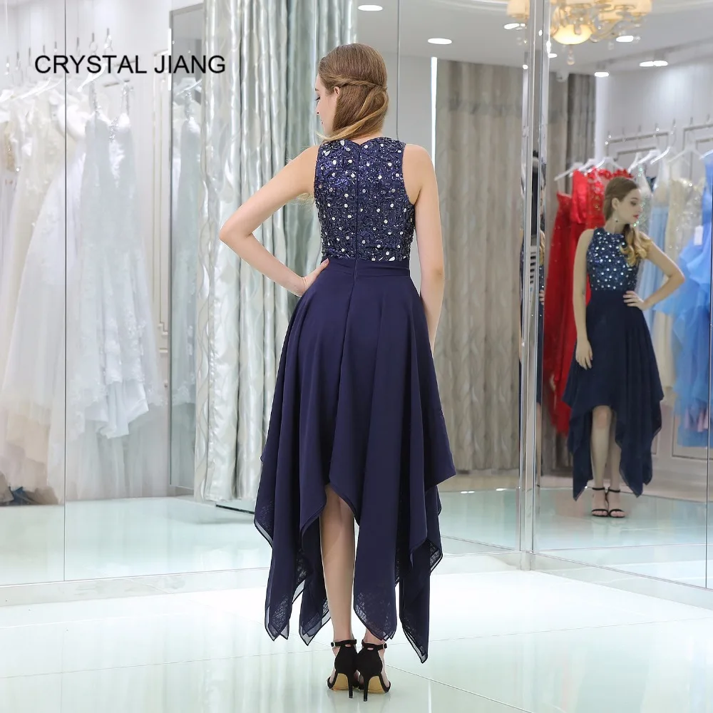 Темно синее коктейльное платье CRYSTAL JIANG 2018 сделанное на заказ Ассиметричное без