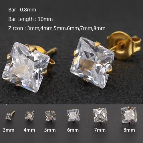 2 шт. квадратные серьги гвоздики из нержавеющей стали с прозрачным цирконием