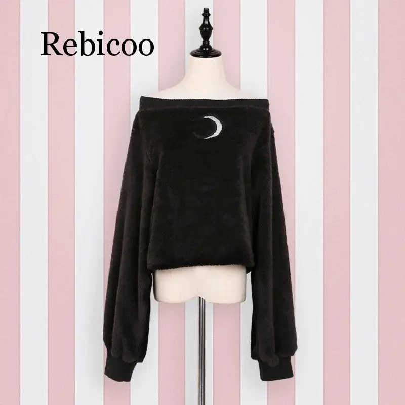 Harajuku Pullover Moon Hollow Out Embroidery Thick Fluffy Punk Sexy Women Short Sweatshirts Off Shoulder Loose Top Long Sleeve - Цвет: Black
