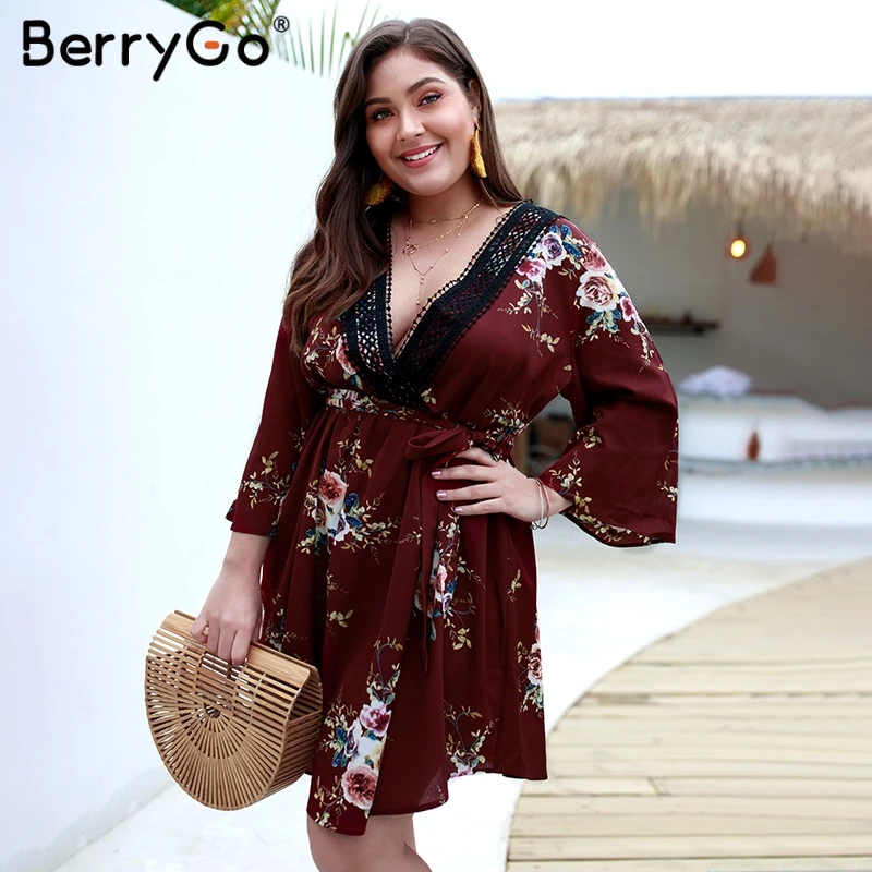 BerryGo женское платье сексуальный цветочный принт богемный платья v-образный вырез