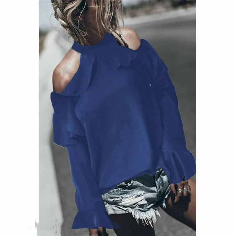 Женский топ с длинным рукавом однотонный пикантный открытыми плечами и высоким