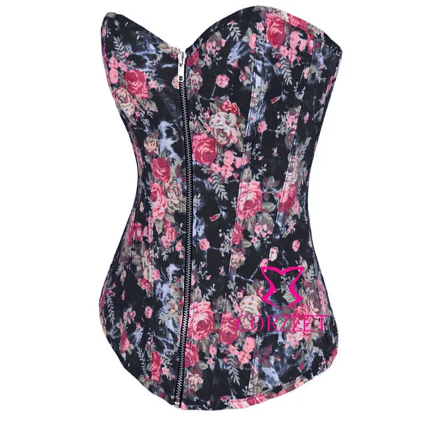 Burlesque Cowgirl Corset and Bustier Sexy Beauty Floral Print Denim Corsets Overbust Zipper Gothic Corselet | Женская одежда
