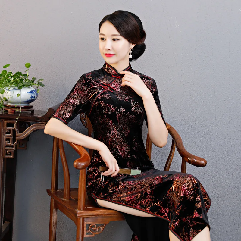 

Chinese Traditional Long Cheongsam Women Velour Maxi Dress Ball Costume M-3XL
