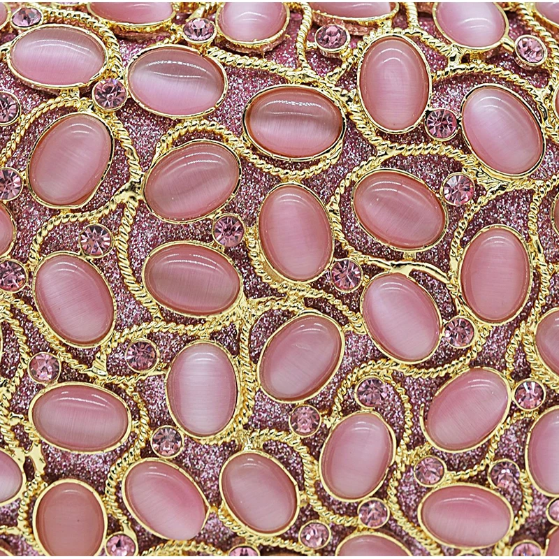 

Luxury Pink Big Rhinestone Women Clutches Bag Fashion Hollow Out Gold Metal Crystal Ladies Party Dinner Messenger Chain Handbag