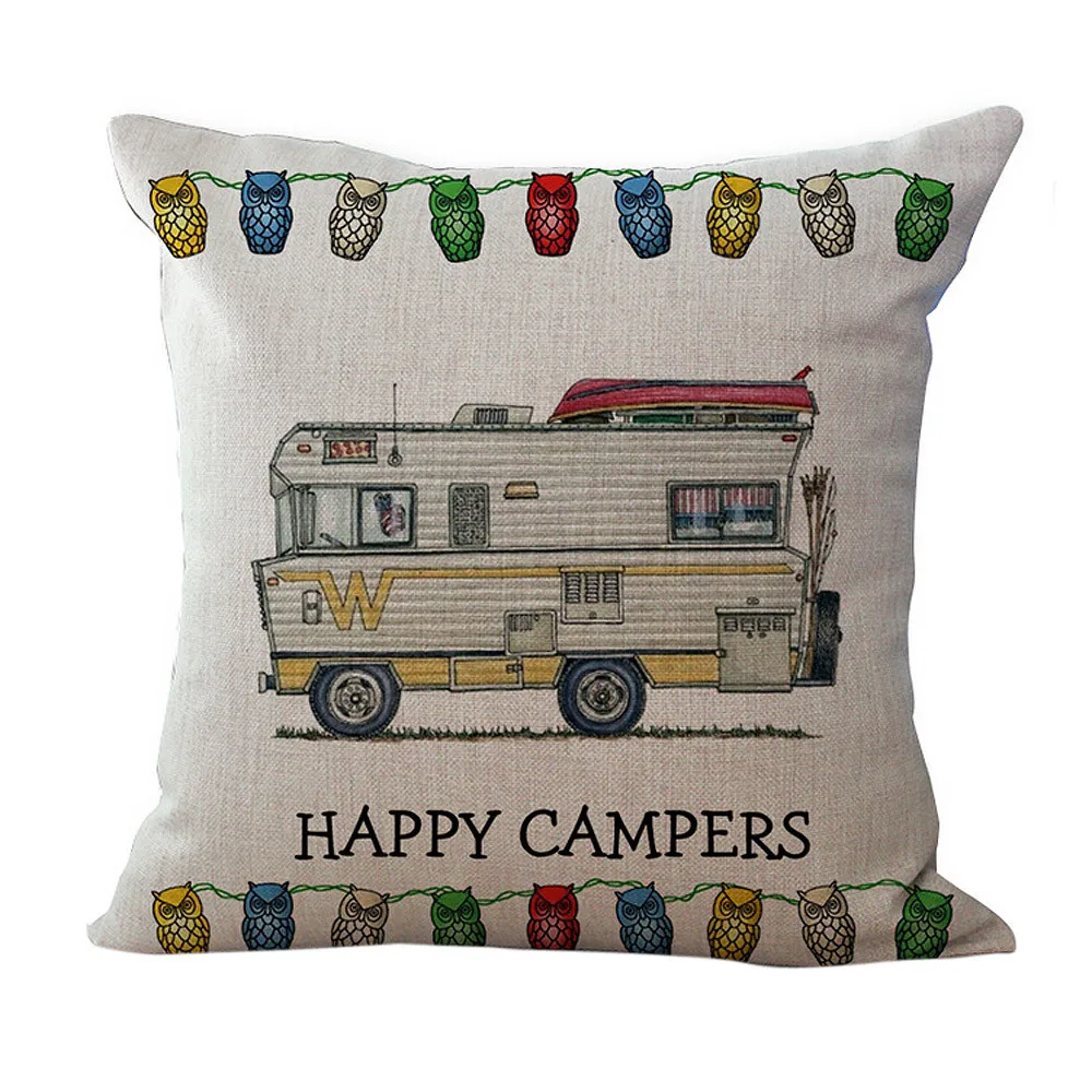 Gajjar Linen Cushion Cover Happy Campers Throw Pillow Case Letter Car For Sofa Bedroom Home Decoration 45cm*45cm402 | Дом и сад