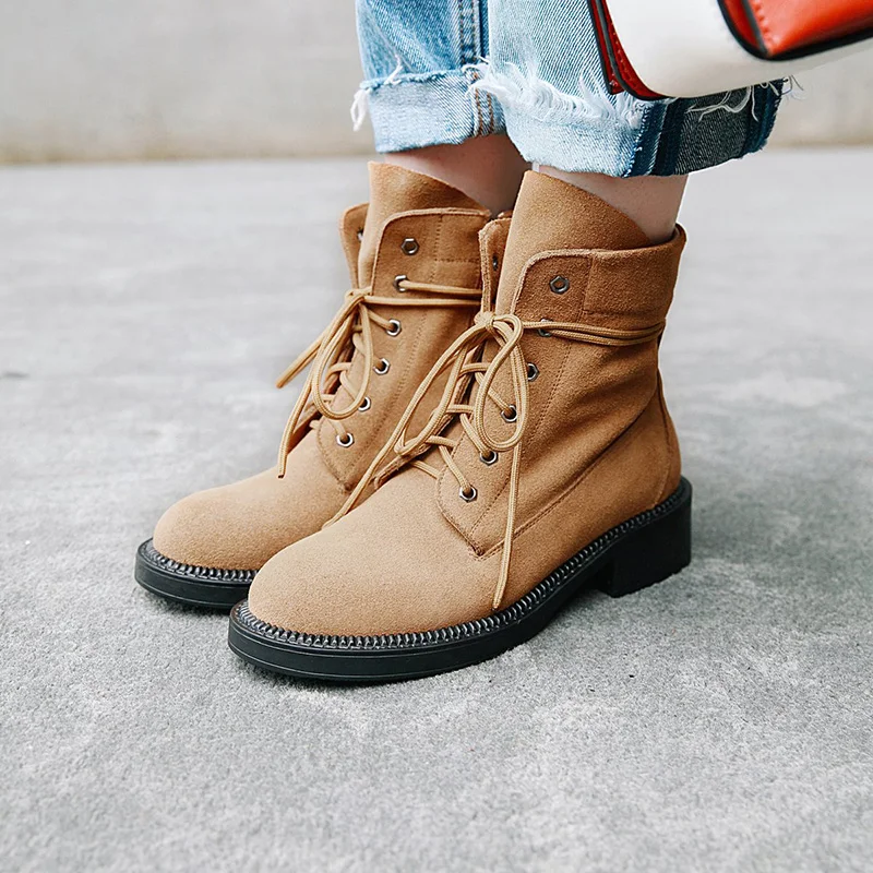 

WETKISS Thick Heels Ankle Women Boots Round Toe Lace Up Footwear Motorcycle Female Bootie Cow Suede Platform Shoes Women 2018